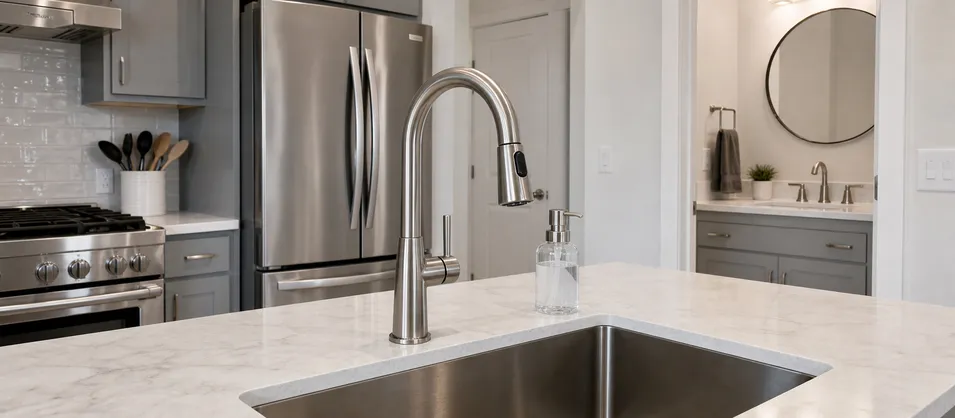 Brushed nickel faucet in residential kitchen and bath renovation setting
