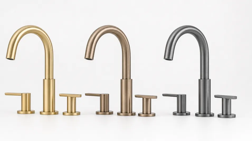 Brushed faucet variants showing PVD gold, champagne bronze, and gunmetal finishes