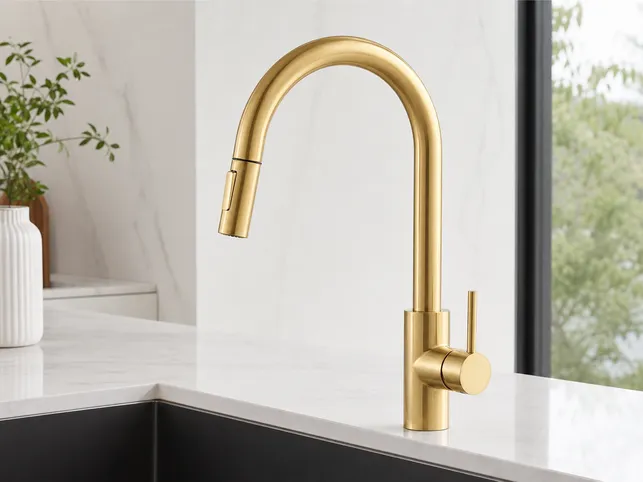 Brushed gold PVD faucet for premium residential and e-commerce distribution