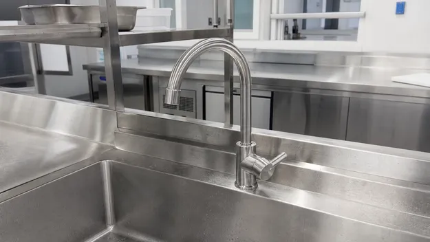 Stainless steel faucet in commercial kitchen food service environment