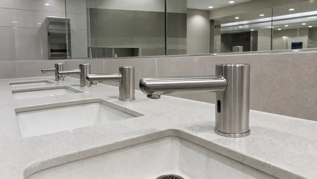 Sensor faucet in airport transit station public washroom