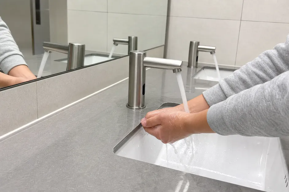 Stainless steel sensor faucet installed in commercial washroom — touchless infrared activation