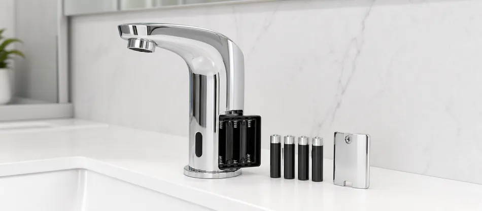 Battery-operated sensor faucet showing AA battery compartment