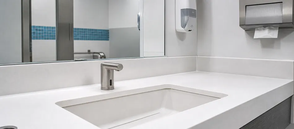 Clinical washroom with touchless sensor faucet for infection control compliance
