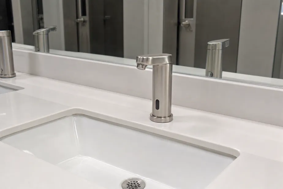 Commercial sensor faucet with IR detection module — stainless steel body for high-traffic washroom installation
