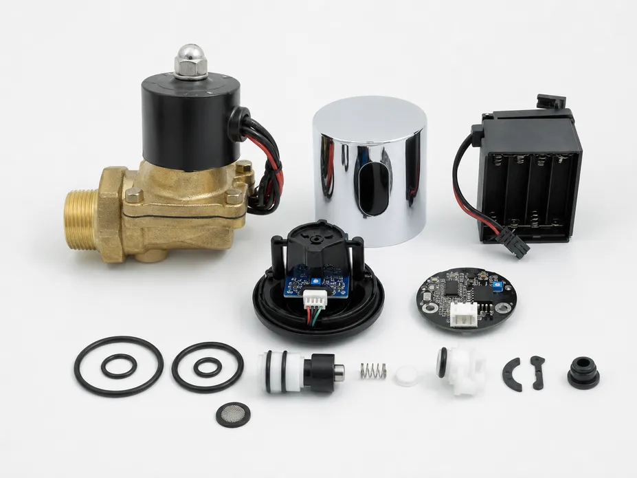Sensor faucet solenoid valve and internal assembly showing 500,000-cycle rated components