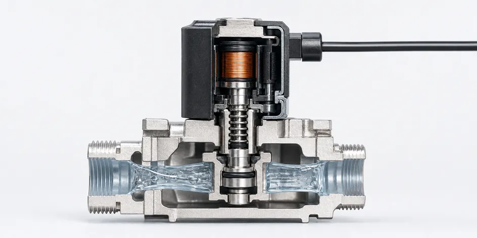 Cross-section detail of commercial-grade solenoid valve rated for 500,000 cycles
