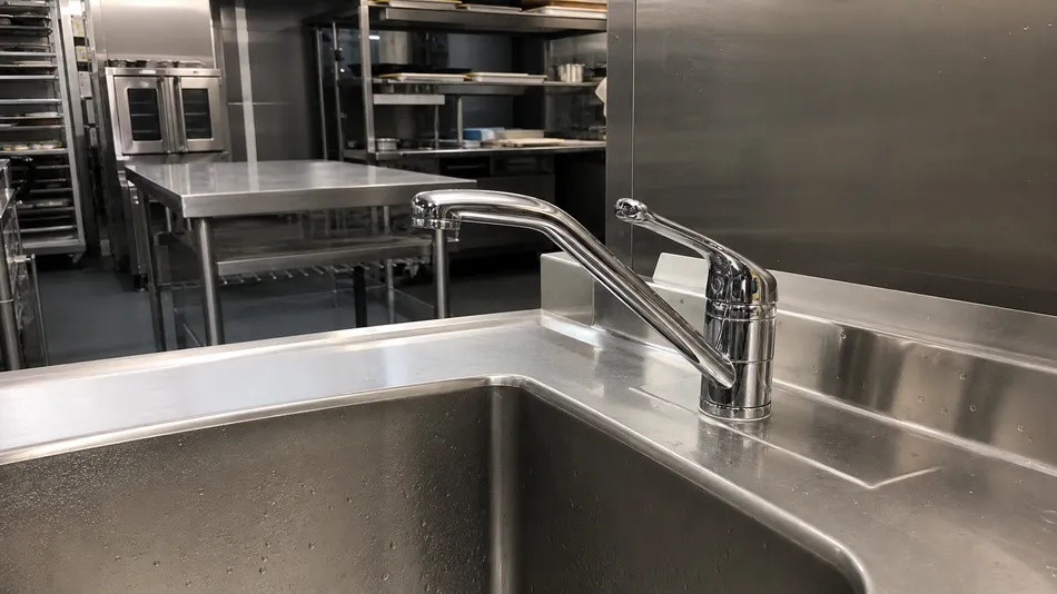 Stainless mixer tap installed in commercial kitchen food service environment