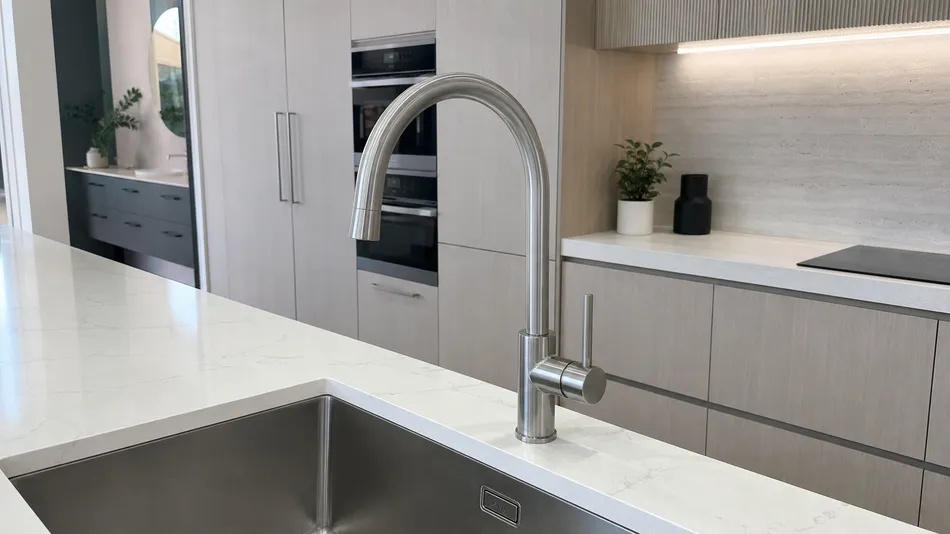 Stainless mixer tap in contemporary residential kitchen showroom display
