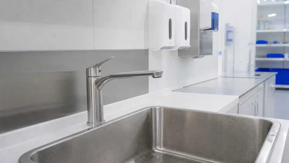 Stainless mixer tap in healthcare scrub sink and laboratory wash station application