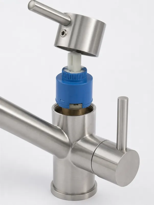 Stainless mixer tap technical detail — ceramic disc cartridge and 304 stainless body construction