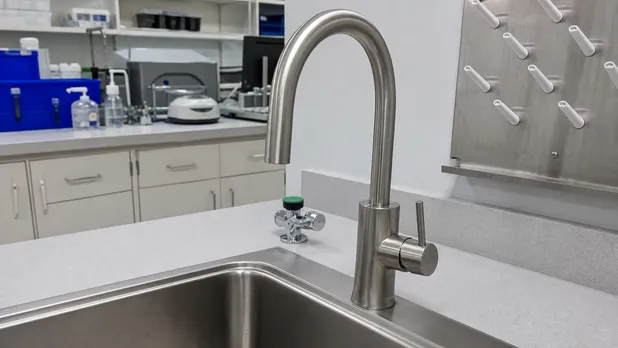 Stainless sink faucet on a laboratory bench in a healthcare or research facility