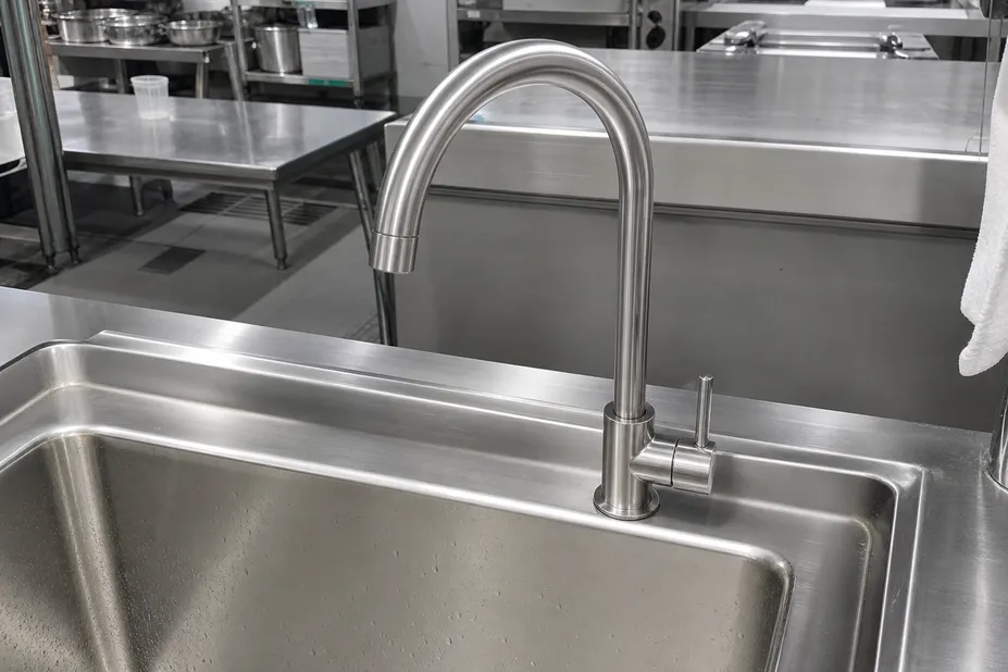 Stainless sink faucet installed on a commercial stainless steel sink — deck-mount single-hole configuration