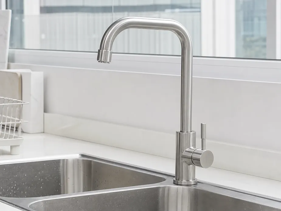 304 stainless steel deck-mount sink faucet — brushed finish, single-hole configuration