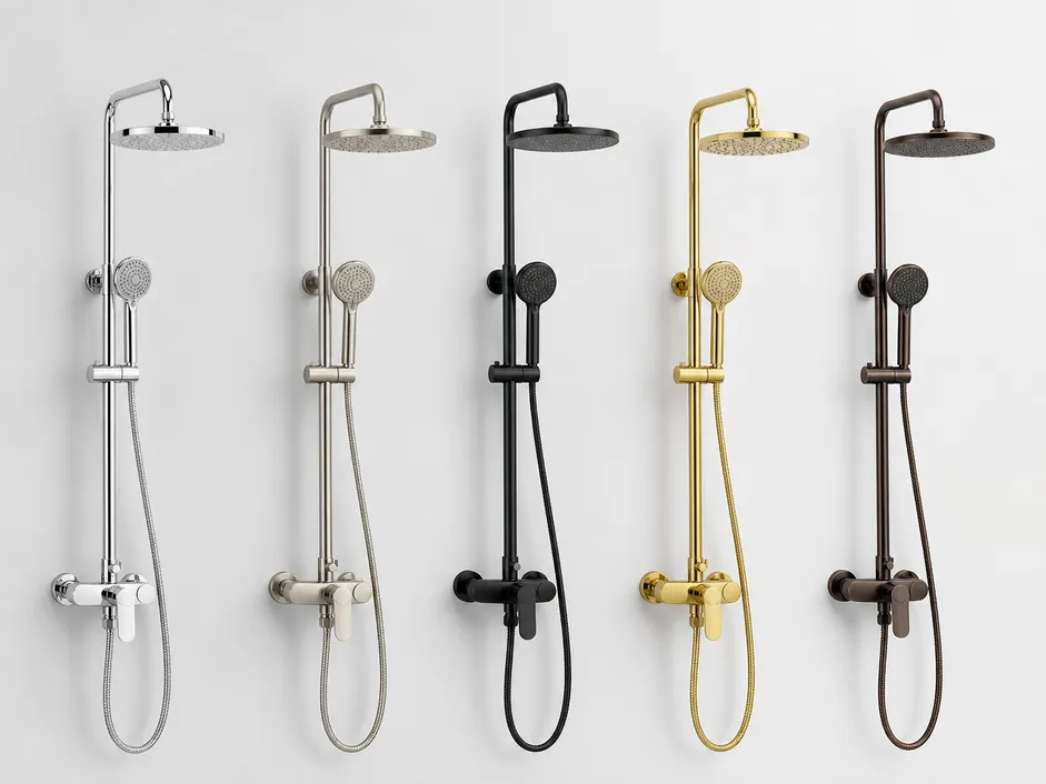 Five finish options for bathroom shower faucets including chrome, brushed nickel, matte black, PVD gold, and oil-rubbed bronze
