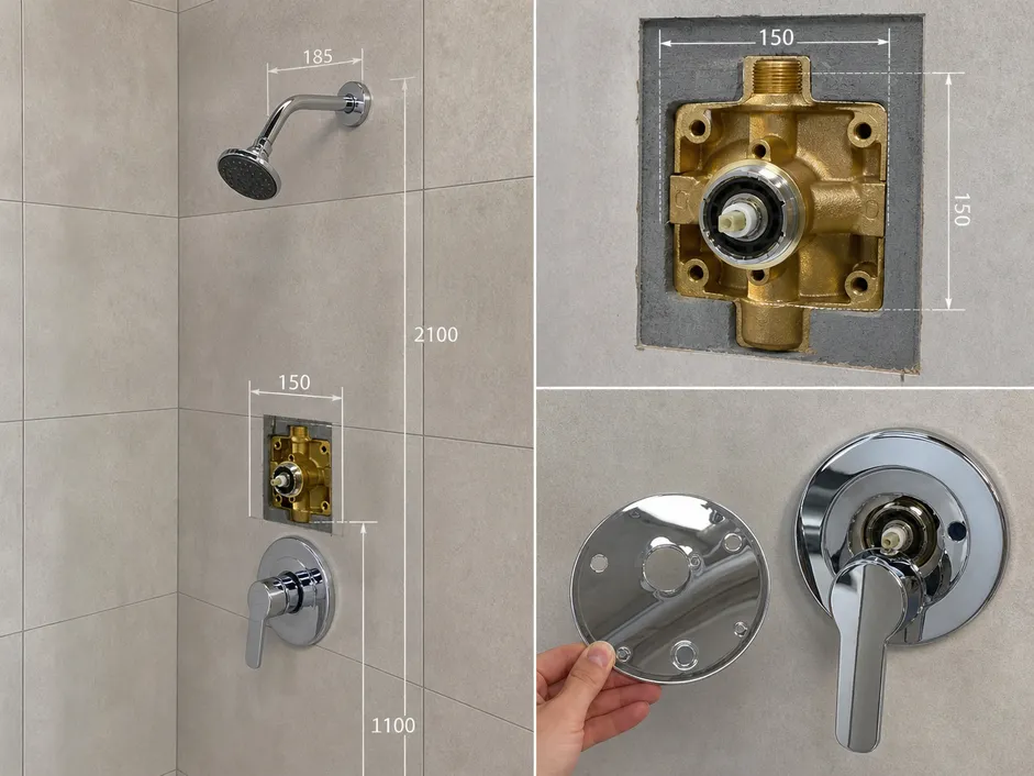 Bathroom shower faucet installation showing rough-in dimensions and wall-mount configuration