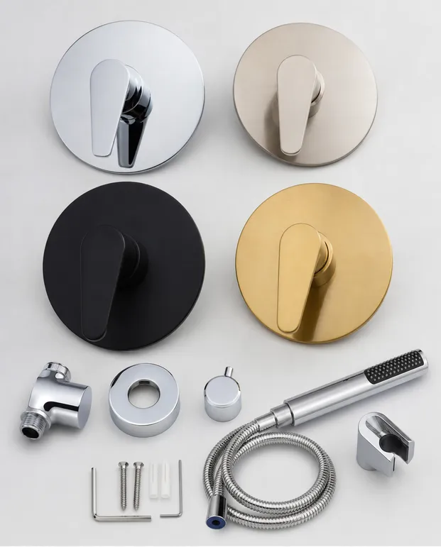 OEM bathroom shower faucet trim package showing handle, escutcheon plate, and finish options