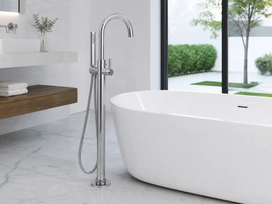 Freestanding bathtub faucet with floor-mount supply connections — premium tier SKU paired with freestanding soaking tubs