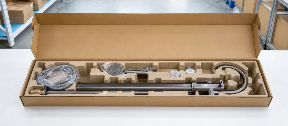 Freestanding bathtub faucet packaged for e-commerce and online retail distribution