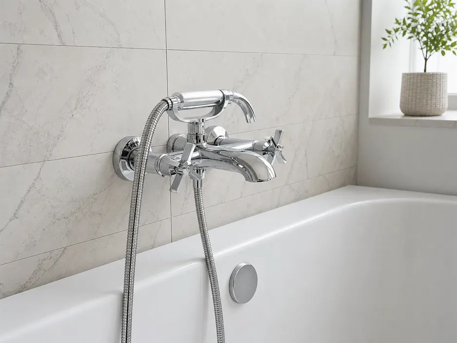 Wall-mount bathtub faucet with exposed supply connections — European design standard, increasingly specified in premium North American renovations