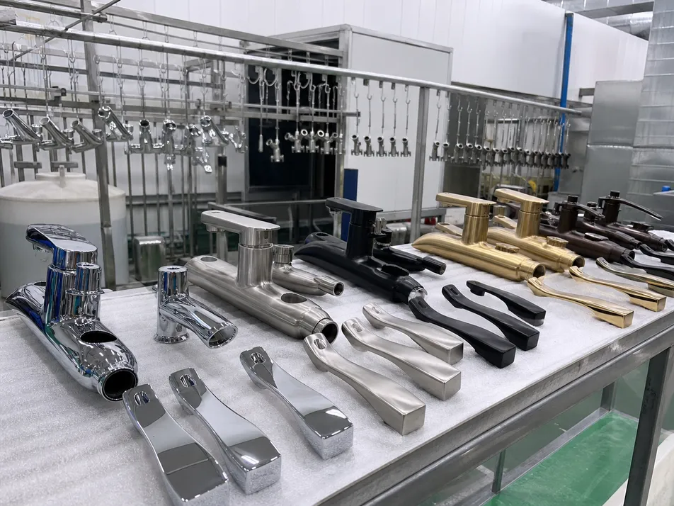 In-house finishing line showing chrome, brushed nickel, matte black, PVD gold, and oil-rubbed bronze bathtub shower faucet finishes