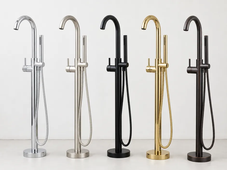 Five in-house finishes on freestanding bathtub faucets — chrome, brushed nickel, matte black, PVD gold, oil-rubbed bronze