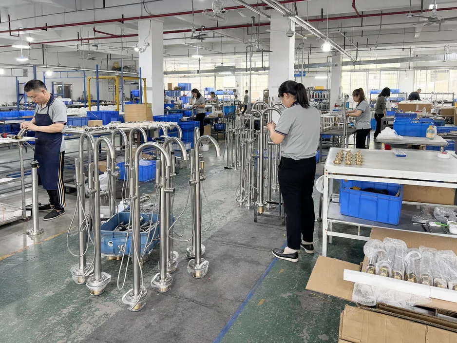 Wfaucet factory floor showing freestanding bathtub faucet production