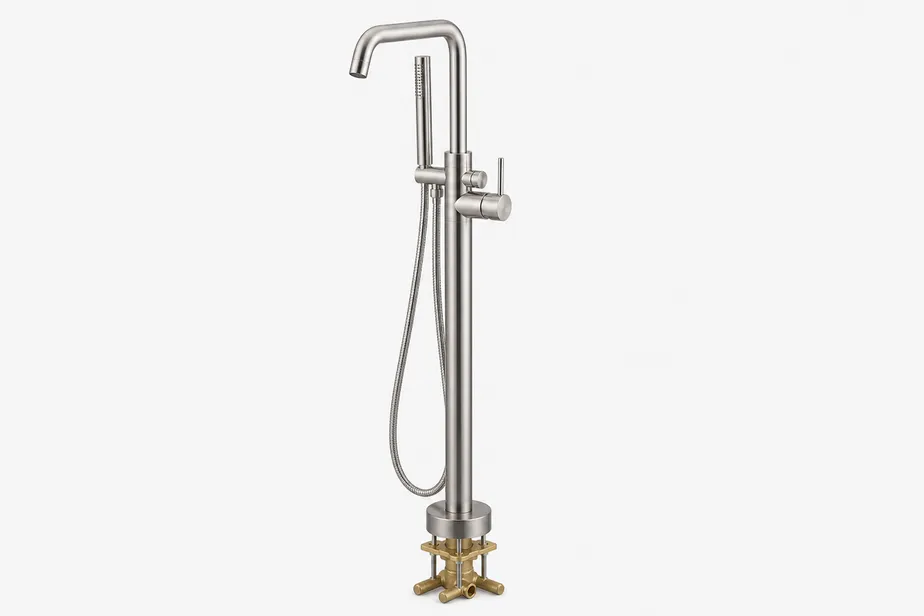 Freestanding bathtub faucet — floor-mount tub filler with brass base casting, column, and spout in brushed nickel finish