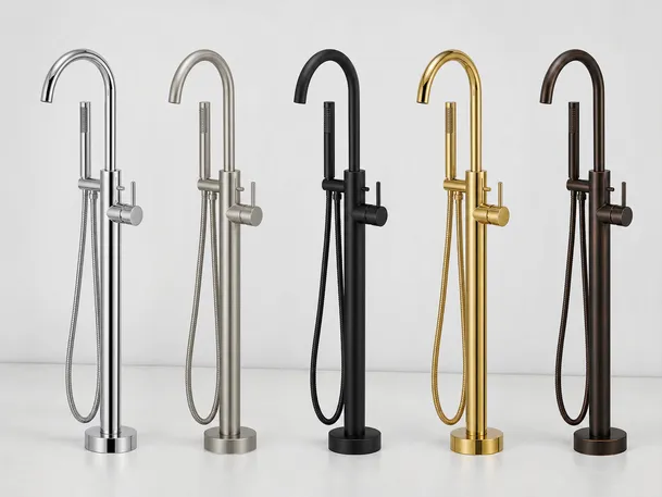 Freestanding bathtub faucet finish options — chrome, brushed nickel, matte black, PVD gold, oil-rubbed bronze