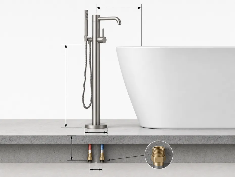 Freestanding bathtub faucet floor rough-in diagram showing supply pipe stub-out dimensions