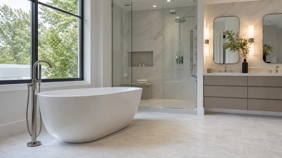 Luxury residential master bathroom renovation with freestanding tub and faucet