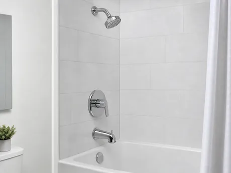 Bathtub shower combination faucets — single valve body controlling tub spout and shower head via diverter