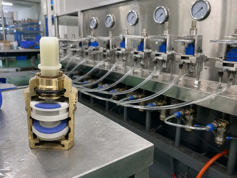 Ceramic disc cartridge cross-section and endurance test setup for tub and shower faucets