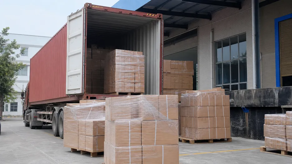 Export container loading for tub and shower faucets — packed cartons on pallet