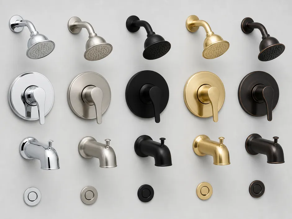 Five in-house finishes: chrome, brushed nickel, matte black, PVD gold, and oil-rubbed bronze on tub and shower faucet hardware