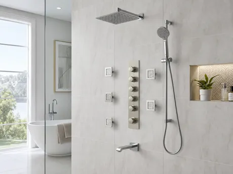 Thermostatic shower systems — multi-outlet thermostatic valve panels for luxury shower configurations