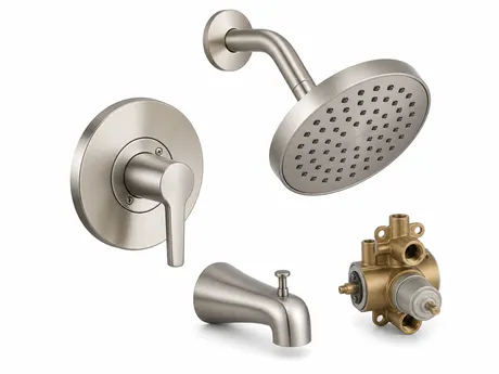 Tub and shower faucet sets — coordinated valve, trim, spout, and shower head packages