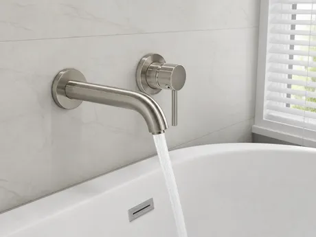 Wall mount bathtub faucets — exposed spout and handle assembly for freestanding and alcove tub installations