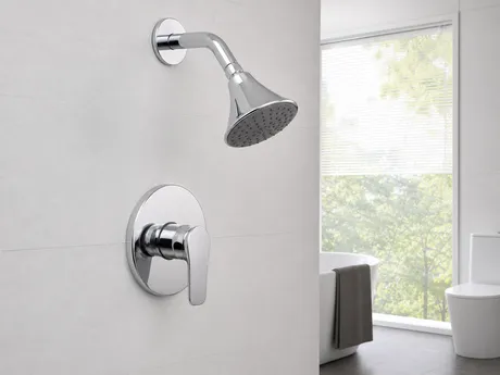 Bathroom shower faucet set — complete valve, trim plate, handle, and shower head connection