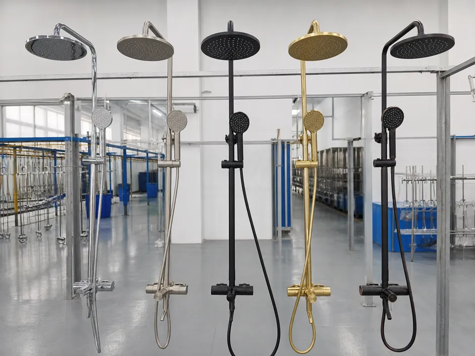Five shower faucet finishes — chrome, brushed nickel, matte black, PVD gold, oil-rubbed bronze — produced on in-house finishing lines