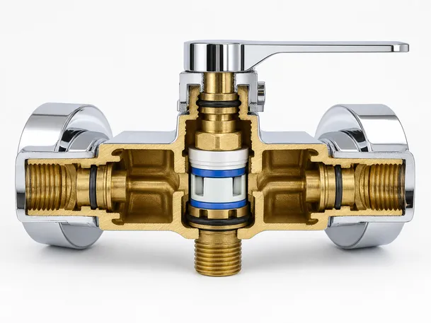 Shower faucet body cross-section showing brass construction and ceramic disc cartridge