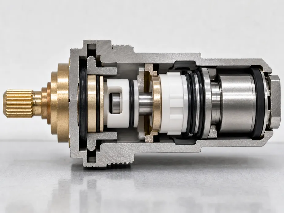 Ceramic disc pressure-balance cartridge cross-section showing alumina disc and valve seat interface machined to ±0.05mm tolerance