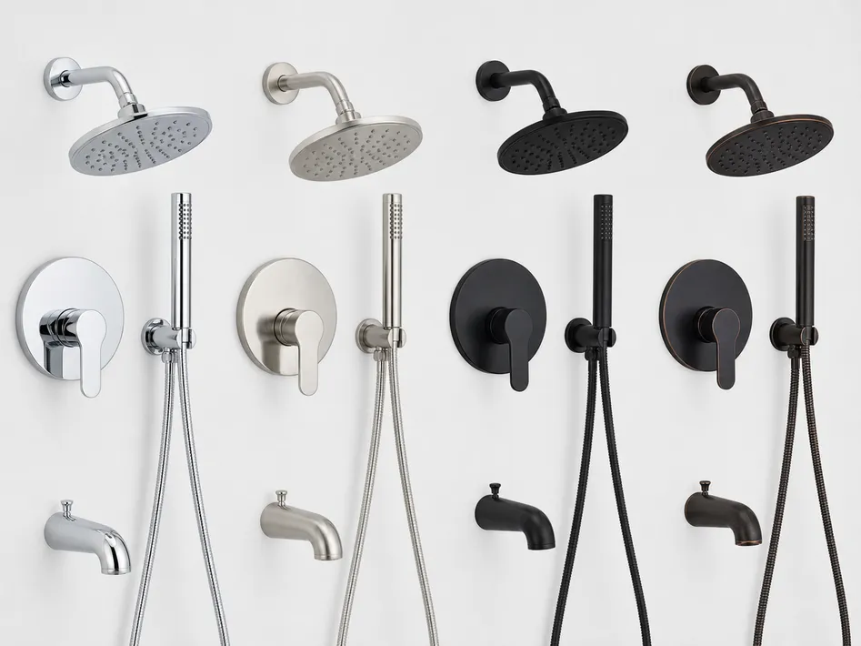 Shower faucet finish options — chrome, brushed nickel, matte black PVD, and oil-rubbed bronze side by side