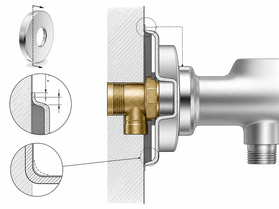 Cross-section diagram of wall mount bathtub faucet escutcheon joint showing 4mm wall thickness and radiused transition