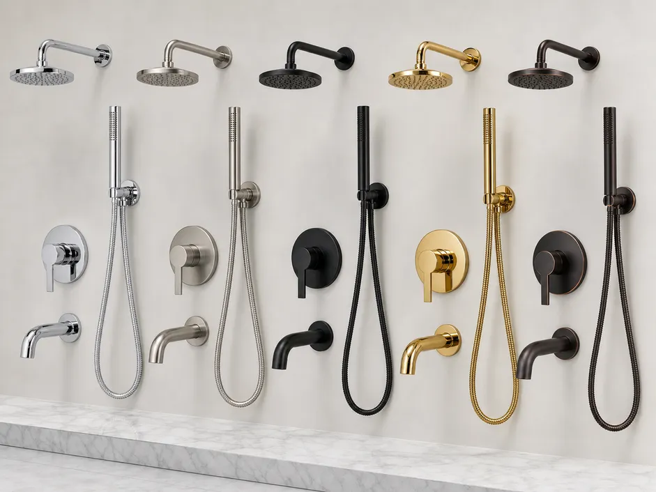Wall mount bathtub faucets in all five finishes: chrome, brushed nickel, matte black, PVD gold, and oil-rubbed bronze