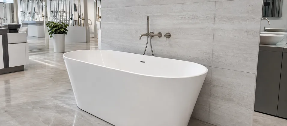 Freestanding bathtub with wall mount faucet in plumbing showroom setting