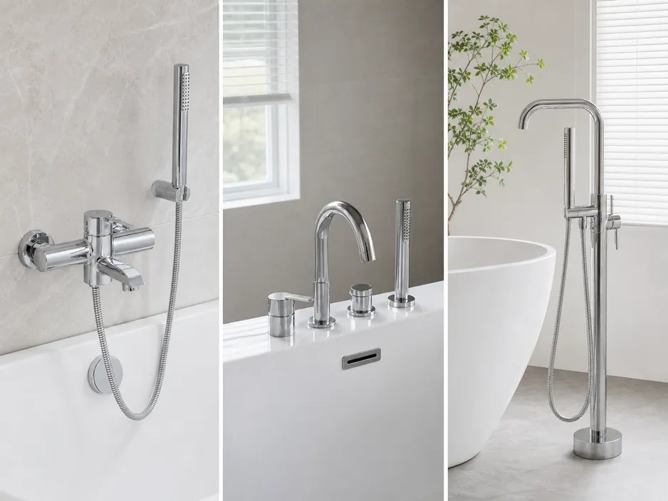 Tub faucet type comparison — wall mount, deck mount, and floor-standing freestanding configurations side by side