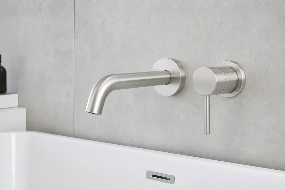Wall mount bathtub faucet — brass body with brushed nickel finish, wall-mounted spout and handle assembly