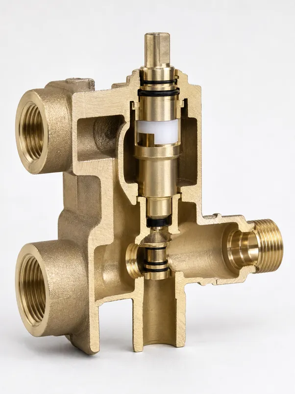 Wall mount bathtub faucet specification detail — brass body cross-section showing wall thickness and cartridge housing