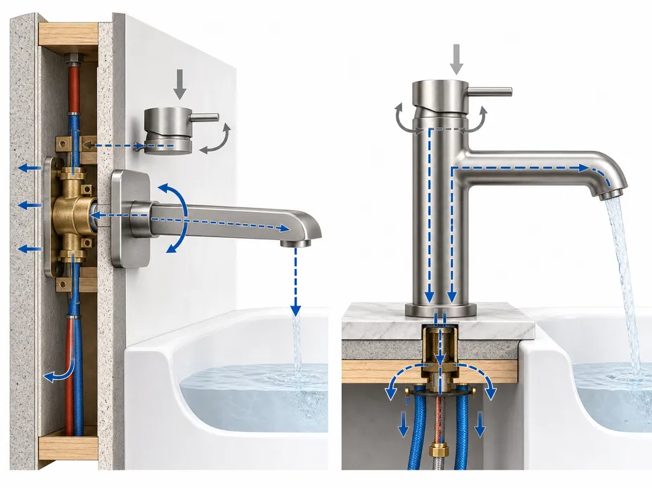 Wall mount bathtub faucet structural diagram showing cantilevered spout arm load distribution versus deck-mount configuration